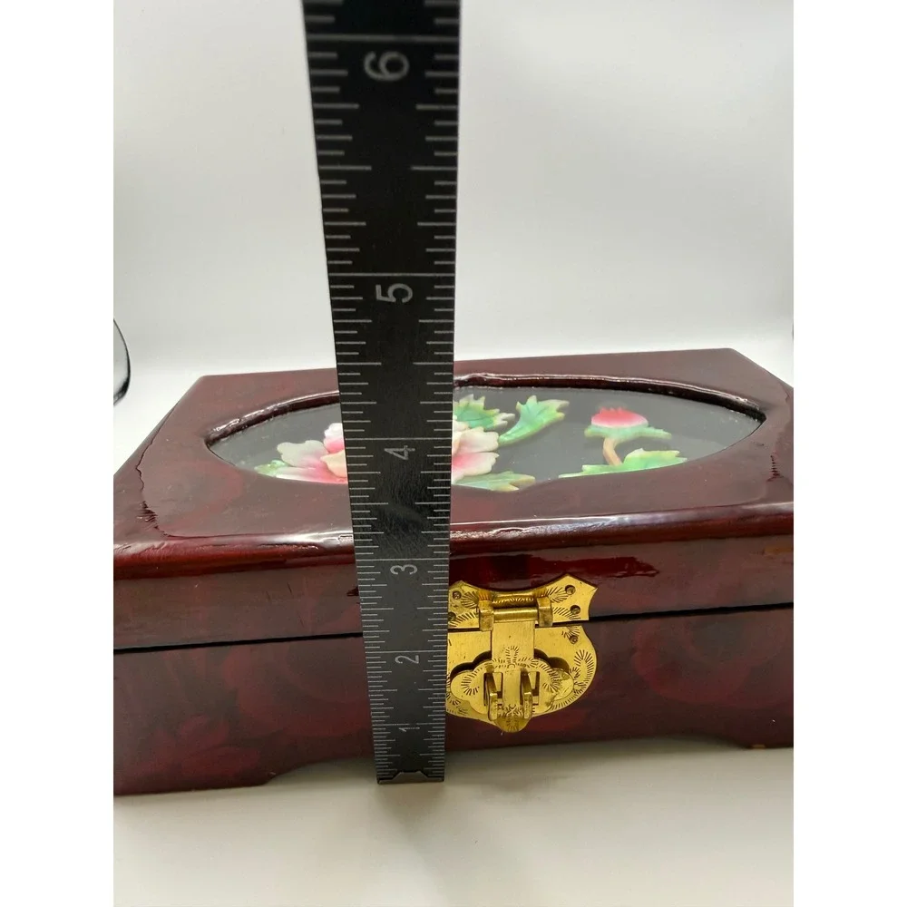 Vintage Chinese Lacquer Jewelry Box Floral Soapstone Inlay Burgundy Brass Latch